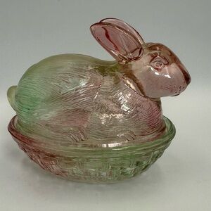 Vintage Glass Rabbit on Nest Bunny Basket Trinket Dish Green Pink